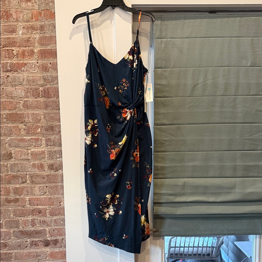 nine britton Navy Floral Midi Dress with Side Knot